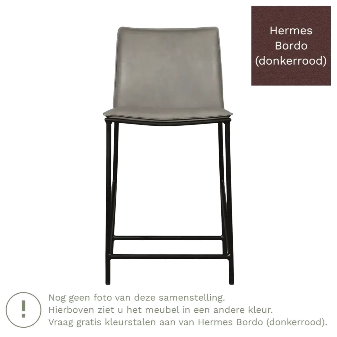 afbeelding van Leren barkruk laag Favor - Hermes Bordo (donkerrood) - poten staal rond zwart